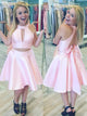 Two Piece Jewel Open Back Pearl Pink Satin Bowknot Homecoming Dress LBQH0030