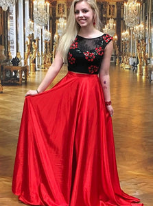 Two Piece Bateau Black Open Back Lace Appliques Short Top with Red Elastic Satin Long Dress Prom Dress