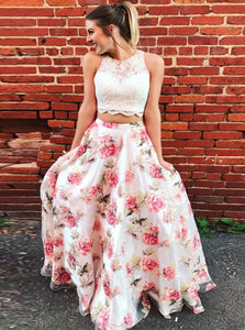 Two Piece A Line Organza Scoop Ivory Sweep Train Prom Dresses 