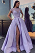 Chic Satin Open Back  Prom Dresses With Short Sleeves Scoop Split Beads ZXS1037