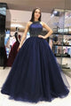 Ball Gown Navy Blue Beading Tulle Prom Dresses LBQ0051
