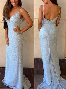 Sky Blue Sheath Spaghetti Straps Sweep Train Backless Sleeveless Sequined Prom Dresses