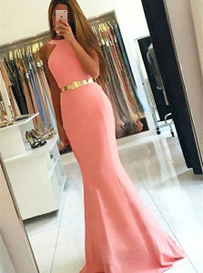 Sexy Mermaid Jewel  Pink Satin Prom Dresses with Sweep Train 
