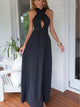 A Line Halter Navy Blue Chiffon Open Back Prom Dresses with Keyhole