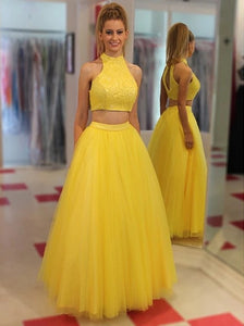 Jewel Floor Length Open Back Yellow Prom Dresses with Beading