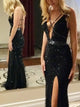  Black Sheath Deep V Neck Backless Sequined Beading Prom Dress with Side Slit
