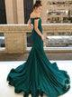 Green Satin Mermaid Off the Shoulder  Zipper Prom Dresses with Beadings