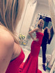 Sexy Mermaid Strapless Red Satin Prom Dress with Chapel Train  
