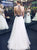 A Line Halter Sweep Train White Prom Dress with Printed Flowers