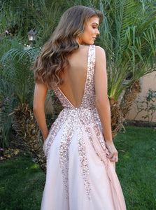 V Neck Pink A Line Sparkly Tulle Prom Dresses with Sequins LBQ0233