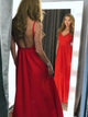 Sexy V Neck Backless Floor Length Red Satin Prom Dresses 
