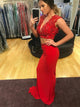 Two Piece Sexy Mermaid Red Satin Deep V-Neck Open Back Short Top Prom Dress with Beading