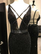  Chic Black Sheath Deep V Neck Backless Sequined Beading Prom Dress