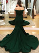 Elegant Green Satin Mermaid Off the Shoulder  Prom Dresses with Beadings