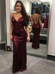 Sexy Red Sheath V Neck Criss Cross Sequined Sweep Train Prom Dress