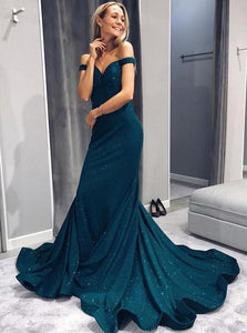 Mermaid Off the Shoulder Green Satin Sweep Train Prom Dresses with Beadings
