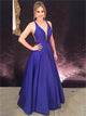 A Line V Neck Satin Purple Criss Cross Prom Dresses 
