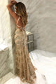 Champagne Sheath Spaghetti Straps Open Back Sequin Prom Dresses