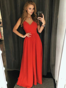 A Line V Neck Backless Floor Length Red Satin Prom Dresses