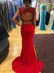 Two Piece Classic Sweep Train Mermaid Red Satin Deep V-Neck Open Back Prom Dress with Beading