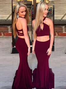 Sexy Two Piece Mermaid Halter Spandex Prom Dress with Keyhole 