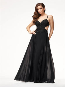 A Line Spaghetti Straps Open Back Chiffon with Embroidery Prom Dresses