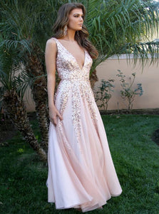 V Neck Pink A Line Sparkly Tulle Prom Dresses with Sequins
