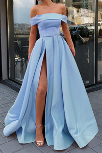 A Line Light Blue Off the Shoulder Prom Dresses with Slit LBQ0700