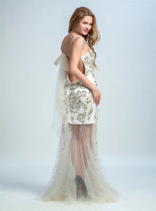 Sheath Scoop Tulle Open Back Rhinestones Prom Dresses with Slit