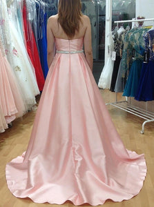 A Line Sweep Train Pink Pleated Prom Dresses with Beadings 