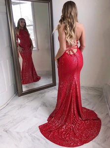 Gorgeous Red Sheath Jewel Lace Sequins and Lace Up Sweep Train Prom Dress