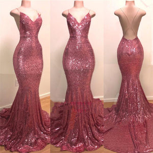 Glitter Pink Sequins V Neck Mermaid Long Prom Evening Dress GJS322