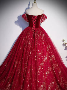Burgundy Tulle Sequin Long Prom Formal Dress GJS678