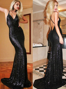 Black Mermaid V Neck Criss Cross Straps Sequined Prom Dresses with Sweep Train