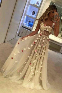 Sexy Spaghetti Straps A Line Ivory Prom Dresses With Appliques