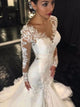 Mermaid Long Sleeves Lace V Neck Tulle Yarn Wedding Dresses 