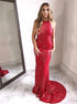 Red Sheath Jewel Lace Sequins and Lace Up Prom Dress LBQ0085