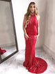 Sexy Red Sheath Jewel Lace Sequins and Lace Up Prom Dress