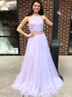 Two Pieces Halter Lace Up Liac Tulle Beadings Floor Length Prom Dresses