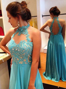 A Line Halter  Open Back Blue Chiffon Prom Dresses with Beadings