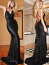Black Mermaid V Neck Criss Cross Straps Sequined Prom Dress LBQ0158