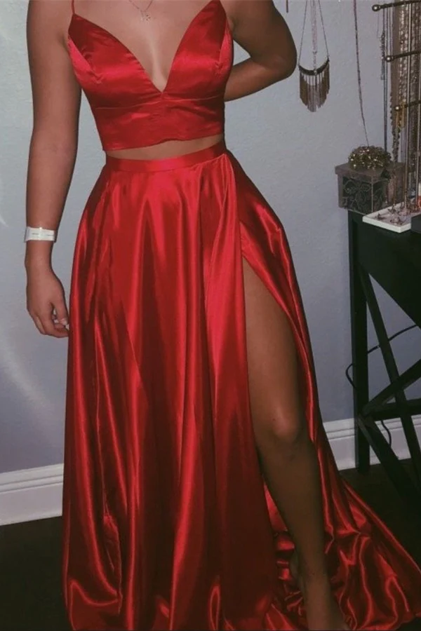 Two Pieces Red Satin Prom Dresses with Split | Alinepromdress Two Pieces Red Satin Prom Dresses with Split | Alinepromdress
