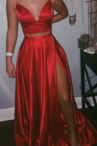 Two Pieces Red Satin Prom Dresses with Split LBQ0763