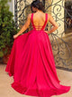 V Neck A Line Satin Open Back Prom Dresses LBQ0244