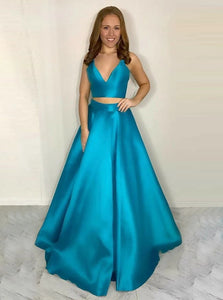 Two Piece Sexy Blue Spaghetti Straps Deep V Neck Satin Prom Dress with Pleats