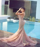  Mermaid Sweetheart Open Back Tulle Chapel Train Prom Dresses With Sequins 