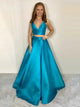 Two Piece Sexy Blue Spaghetti Straps Deep V Neck Satin Prom Dress with Pleats