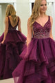 Ball Gown V-Neck Open Back Floor Length Prom Dresses with Sequins and Beading