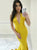 Elegant Mermaid Deep V Neck Sleeveless Yellow Satin Prom Dress