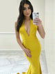 Elegant Mermaid Deep V Neck Sleeveless Yellow Satin Prom Dress